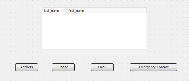 This shows the Main Form that has been created.  It contains a list box in which employee names can be selected.  It also contains buttons labeled Address, Phone, Email, and Emergency Contact.